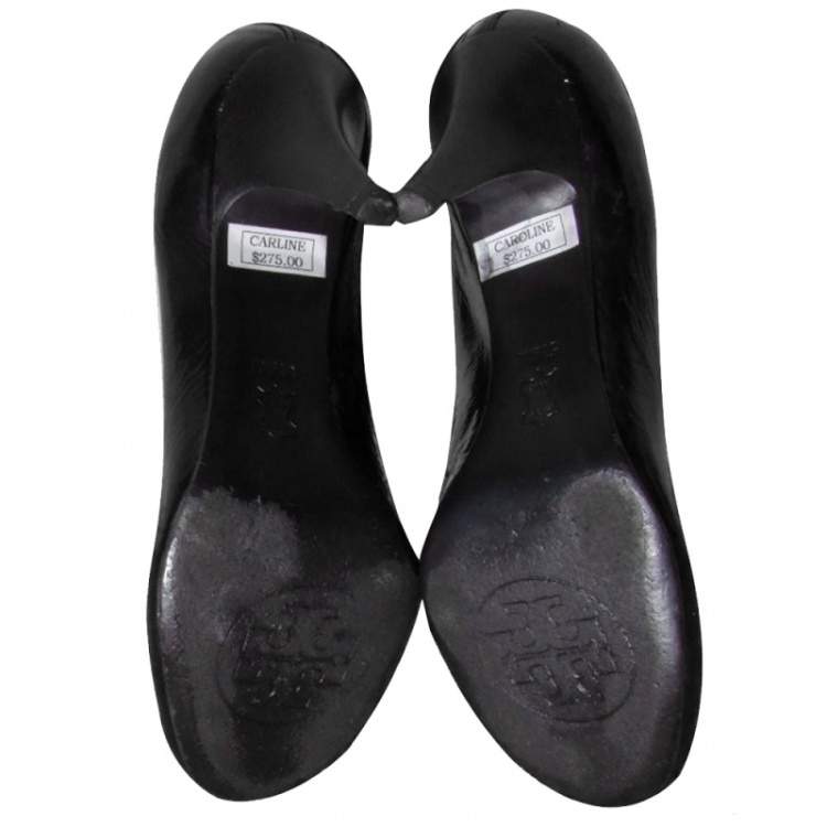Pre Owned Tory Burch Black Leather Round Toe Pumps Size 40
