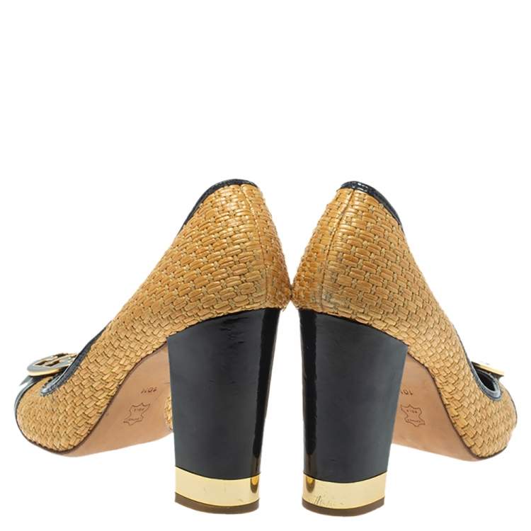 Pre Owned Tory Burch Beige/Blue Raffia And Patent Leather Round Toe Pumps Size 40