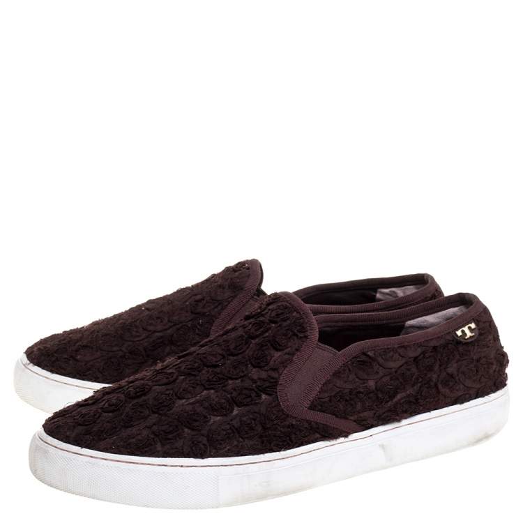 Pre Owned Tory Burch Dark Brown Fabric Rosette Slip On Sneakers Size 40.5