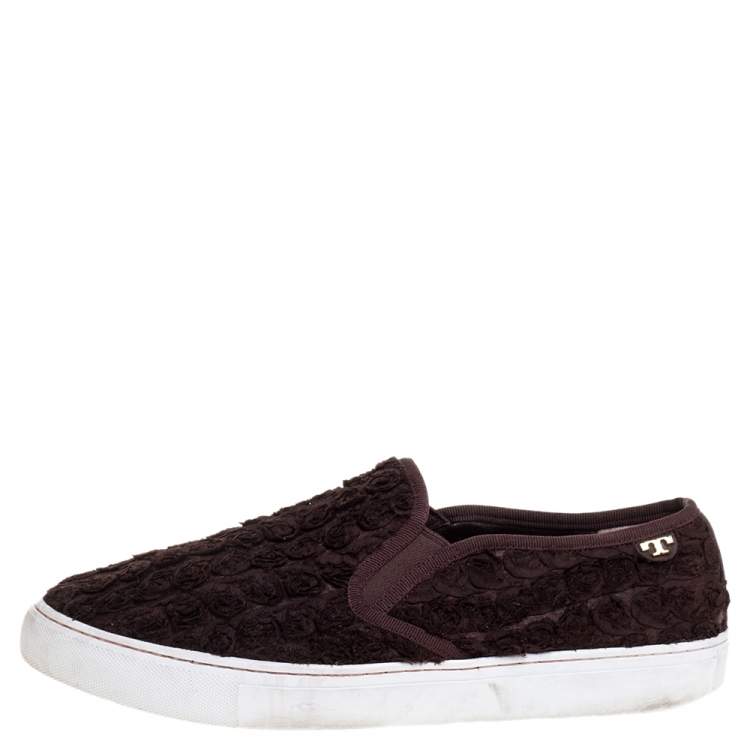 Pre Owned Tory Burch Dark Brown Fabric Rosette Slip On Sneakers Size 40.5