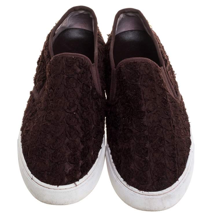 Pre Owned Tory Burch Dark Brown Fabric Rosette Slip On Sneakers Size 40.5