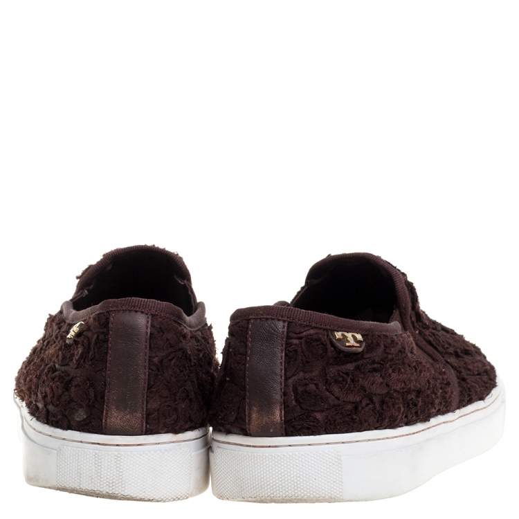 Pre Owned Tory Burch Dark Brown Fabric Rosette Slip On Sneakers Size 40.5