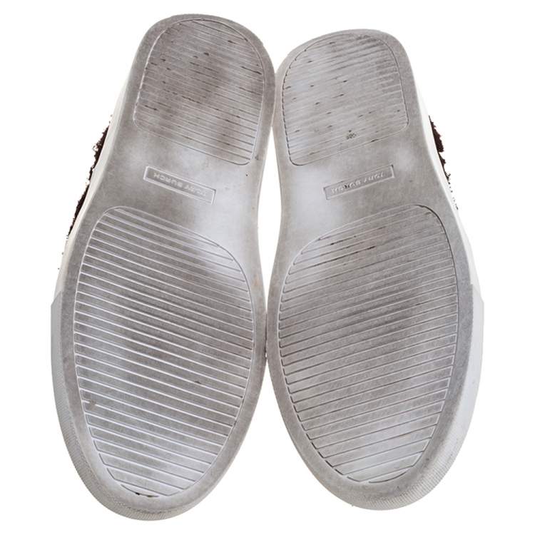 Pre Owned Tory Burch Dark Brown Fabric Rosette Slip On Sneakers Size 40.5