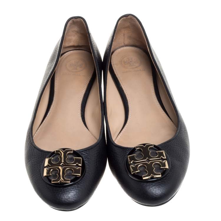 Pre Owned Tory Burch Black Leather Reva Ballet Flats Size 38.5