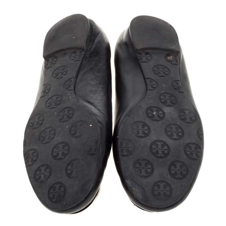 Pre Owned Tory Burch Black Leather Minnie Scrunch Ballet Flats Size 36.5