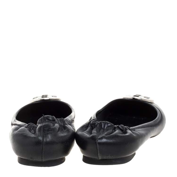 Pre Owned Tory Burch Black Leather Minnie Scrunch Ballet Flats Size 36.5