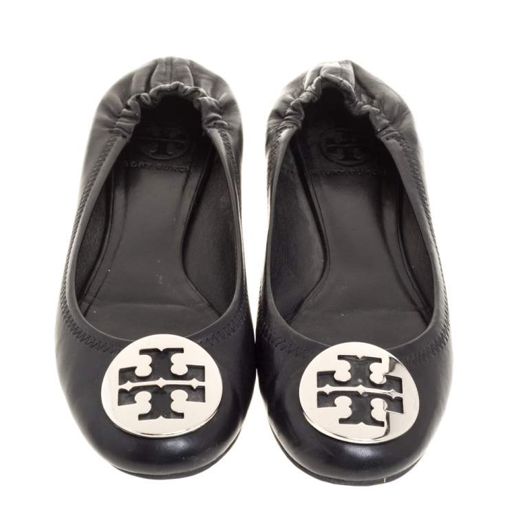 Pre Owned Tory Burch Black Leather Minnie Scrunch Ballet Flats Size 36.5