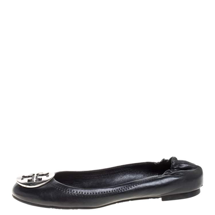 Pre Owned Tory Burch Black Leather Minnie Scrunch Ballet Flats Size 36.5