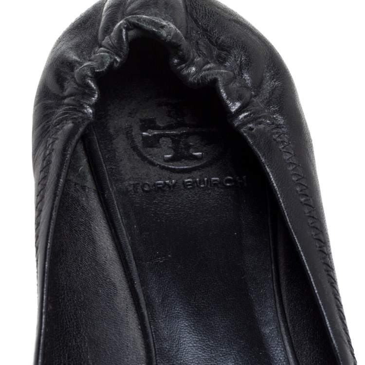 Pre Owned Tory Burch Black Leather Minnie Scrunch Ballet Flats Size 36.5