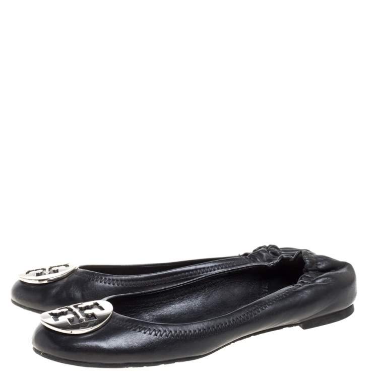 Pre Owned Tory Burch Black Leather Minnie Scrunch Ballet Flats Size 36.5