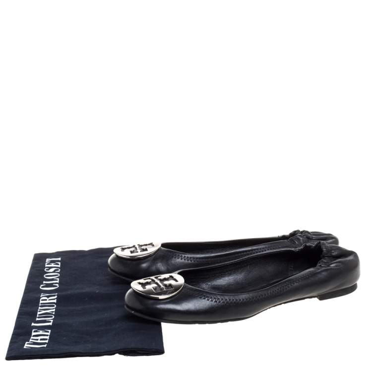 Pre Owned Tory Burch Black Leather Minnie Scrunch Ballet Flats Size 36.5