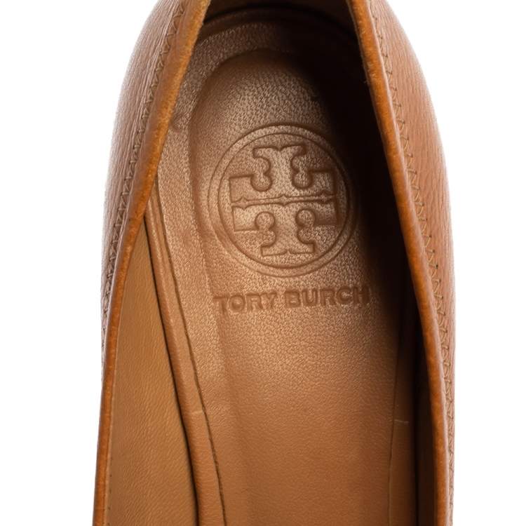Pre Owned Tory Burch Brown Leather Wedge Peep Toe Pumps Size 39.5