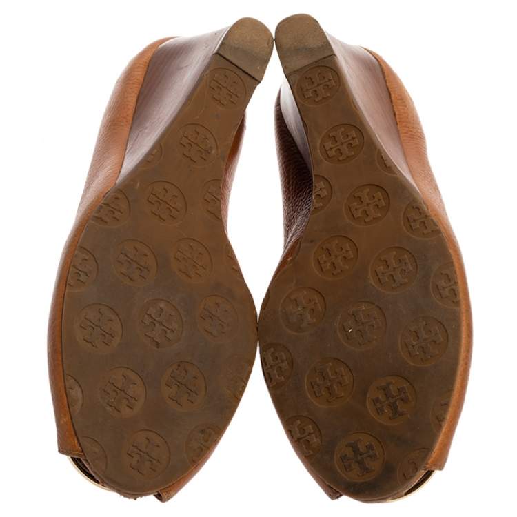 Pre Owned Tory Burch Brown Leather Wedge Peep Toe Pumps Size 39.5