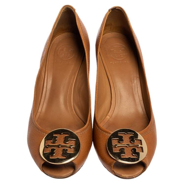 Pre Owned Tory Burch Brown Leather Wedge Peep Toe Pumps Size 39.5