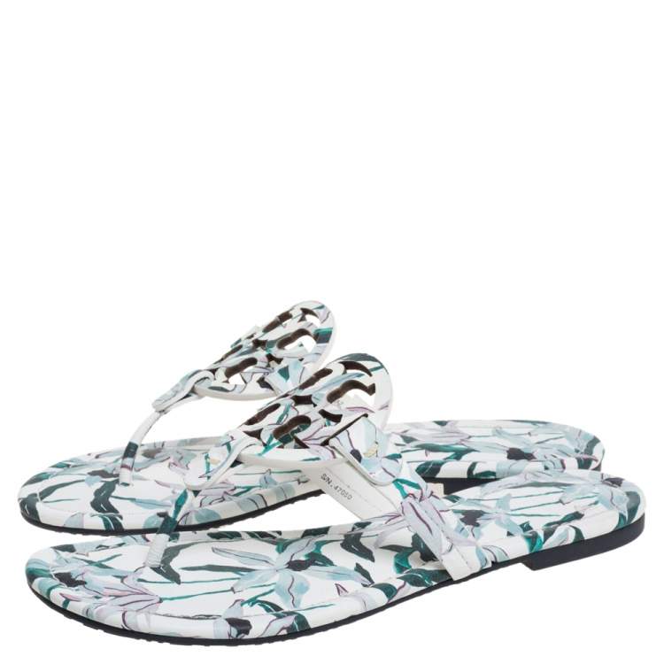 Pre Owned Tory Burch Tri Color Floral Printed Leather Miller Thong Flats Size 37