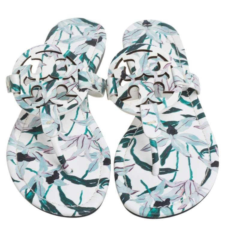 Pre Owned Tory Burch Tri Color Floral Printed Leather Miller Thong Flats Size 37