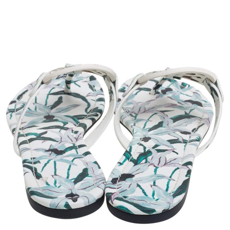 Pre Owned Tory Burch Tri Color Floral Printed Leather Miller Thong Flats Size 37