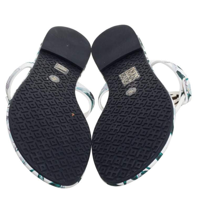 Pre Owned Tory Burch Tri Color Floral Printed Leather Miller Thong Flats Size 37