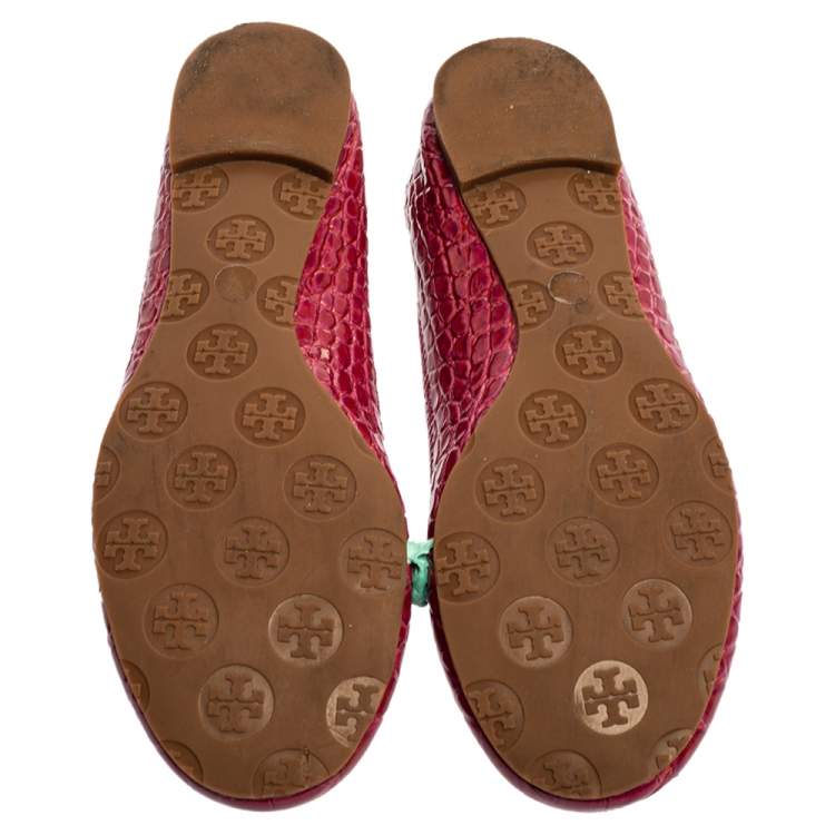 Pre Owned Tory Burch Pink Croc Textured Patent Leather Reva Ballet Flats Size 38