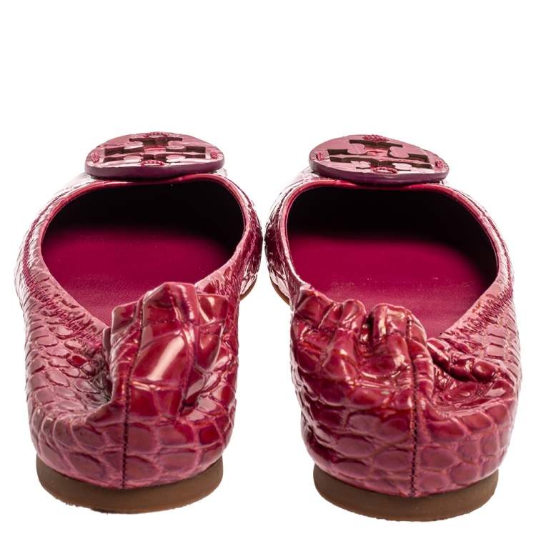 Pre Owned Tory Burch Pink Croc Textured Patent Leather Reva Ballet Flats Size 38