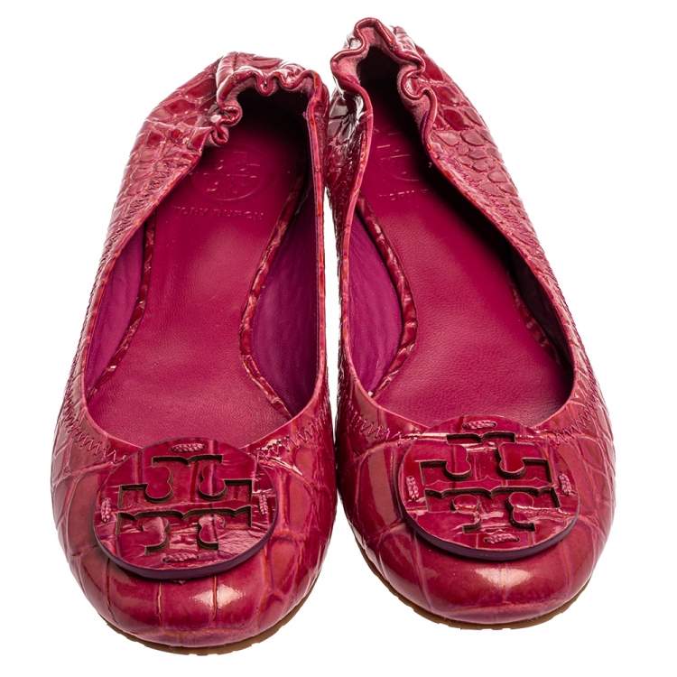 Pre Owned Tory Burch Pink Croc Textured Patent Leather Reva Ballet Flats Size 38