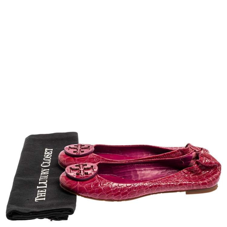 Pre Owned Tory Burch Pink Croc Textured Patent Leather Reva Ballet Flats Size 38