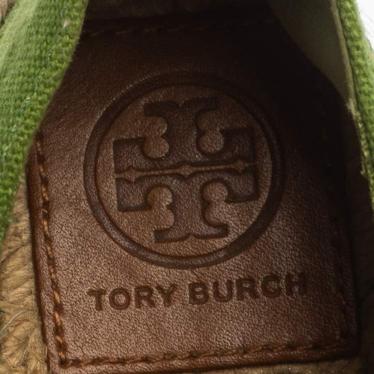 Pre Owned Tory Burch Green/Blue Canvas Beacher Espadrille Flats Size 35.5