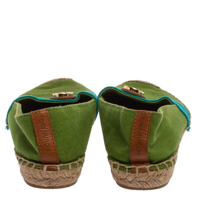 Pre Owned Tory Burch Green/Blue Canvas Beacher Espadrille Flats Size 35.5