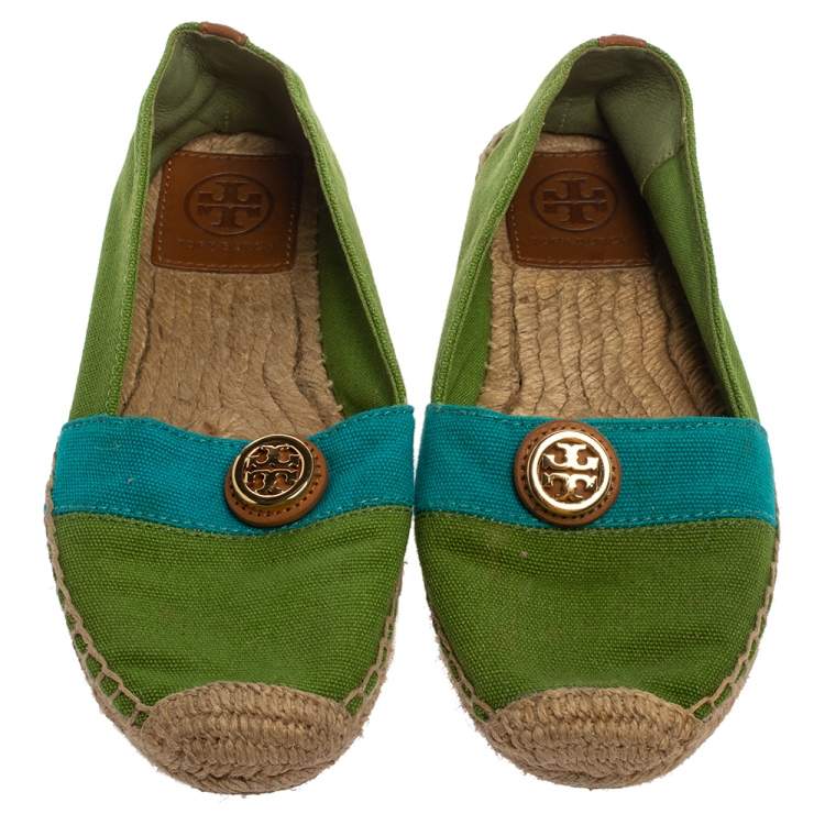 Pre Owned Tory Burch Green/Blue Canvas Beacher Espadrille Flats Size 35.5