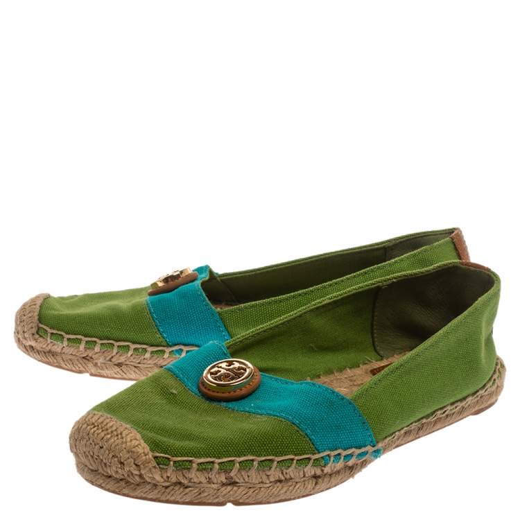 Pre Owned Tory Burch Green/Blue Canvas Beacher Espadrille Flats Size 35.5