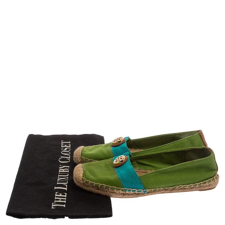Pre Owned Tory Burch Green/Blue Canvas Beacher Espadrille Flats Size 35.5