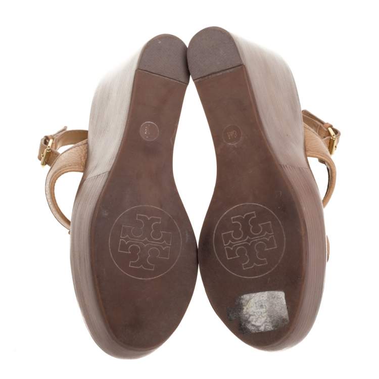 Pre Owned Tory Burch Brown Leather Selma Logo Wedges Platform Sandals Size 38