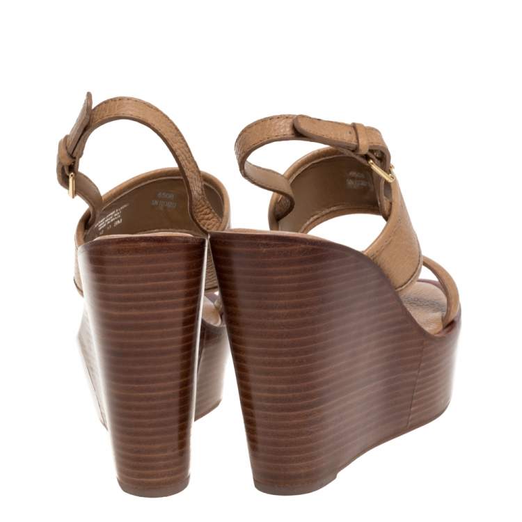 Pre Owned Tory Burch Brown Leather Selma Logo Wedges Platform Sandals Size 38
