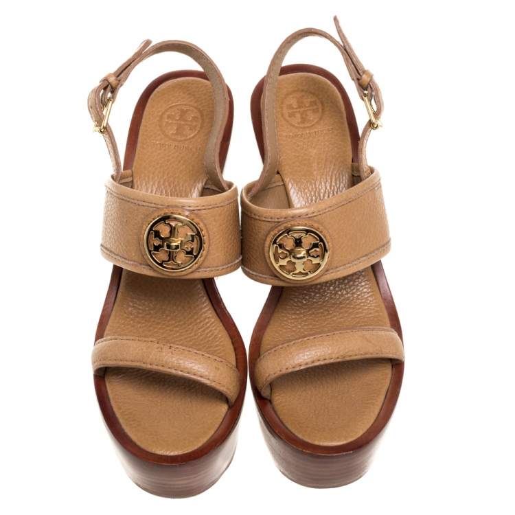 Pre Owned Tory Burch Brown Leather Selma Logo Wedges Platform Sandals Size 38