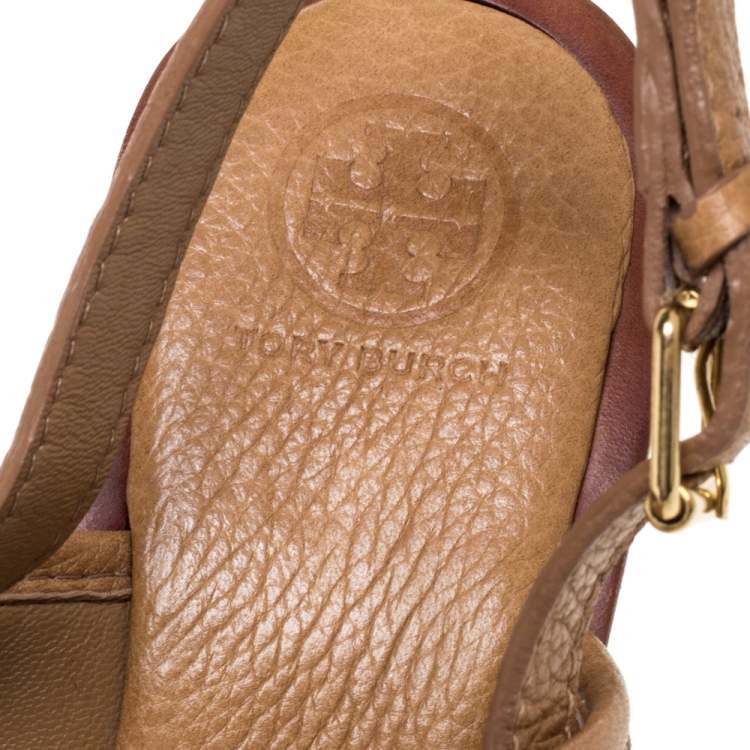 Pre Owned Tory Burch Brown Leather Selma Logo Wedges Platform Sandals Size 38