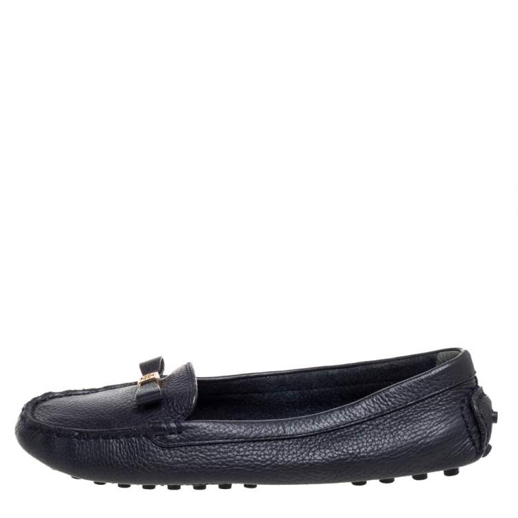Pre Owned Tory Burch Blue Leather Bow Loafers Size 38.5