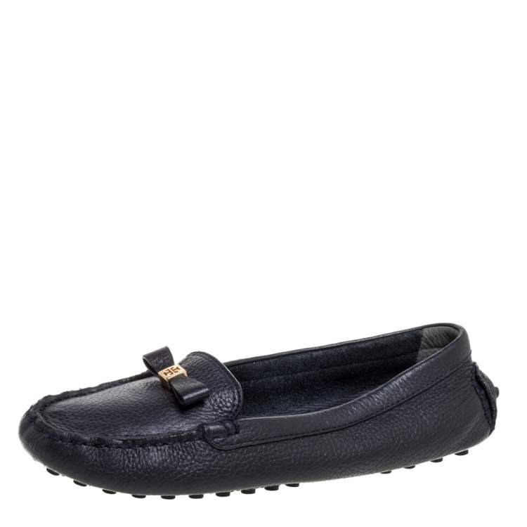Pre Owned Tory Burch Blue Leather Bow Loafers Size 38.5