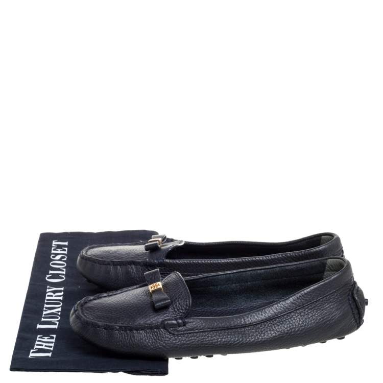 Pre Owned Tory Burch Blue Leather Bow Loafers Size 38.5