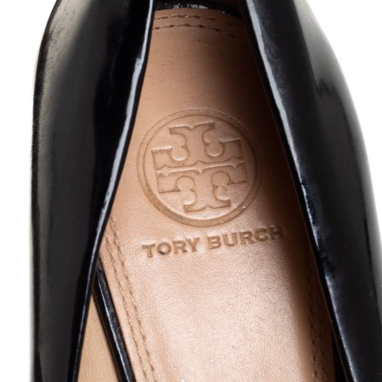 Pre Owned Tory Burch Black Patent Leather Bow Peep Toe Wedge Pumps Size 38