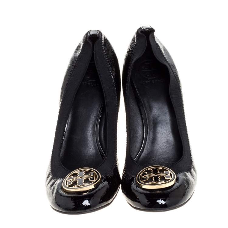 Pre Owned Tory Burch Black Patent Leather Caroline Wedge Pumps Size 40