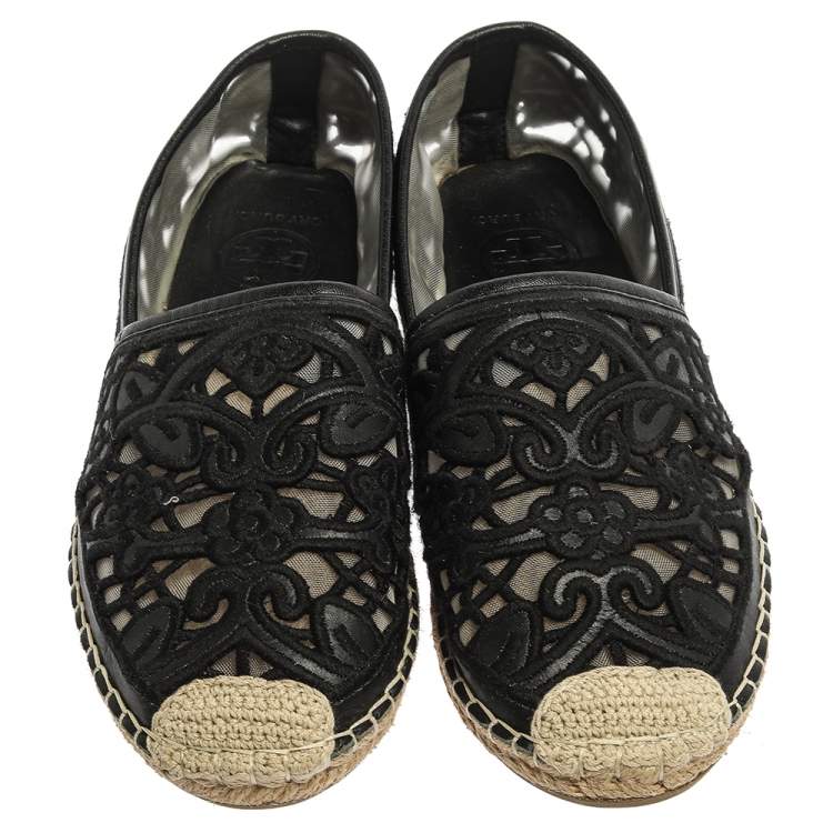 Pre Owned Tory Burch Black Leather And Mesh Espadrille Flats Size 38