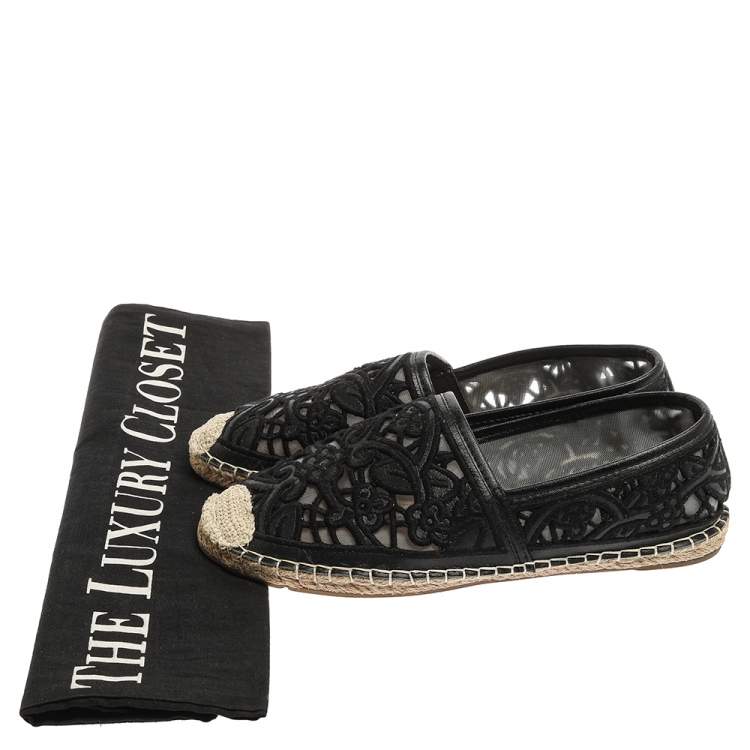Pre Owned Tory Burch Black Leather And Mesh Espadrille Flats Size 38