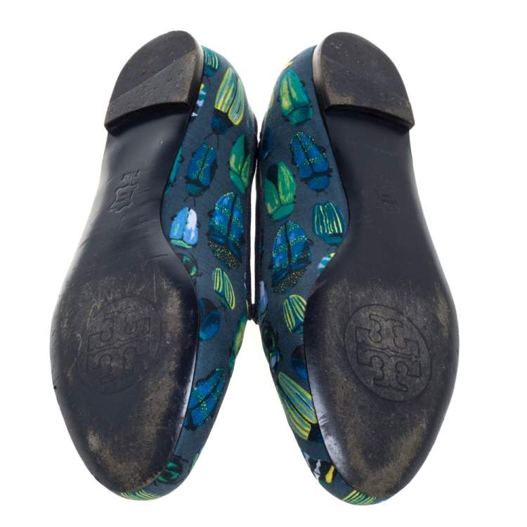 Pre Owned Tory Burch Blue Printed Fabric Chandra Smoking Slippers Size 37.5