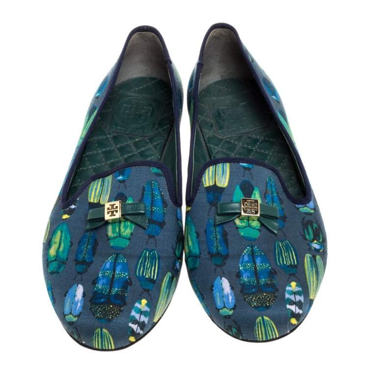 Pre Owned Tory Burch Blue Printed Fabric Chandra Smoking Slippers Size 37.5