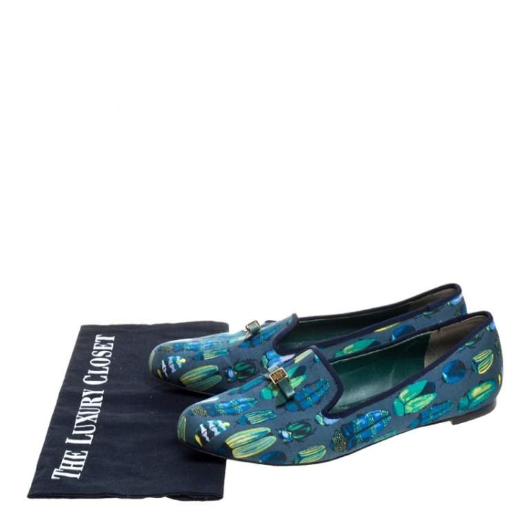 Pre Owned Tory Burch Blue Printed Fabric Chandra Smoking Slippers Size 37.5