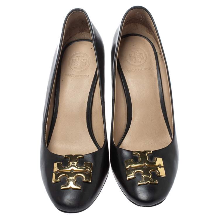 Pre Owned Tory Burch Black Leather Lowell Wedge Pumps Size 35