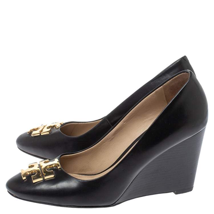 Pre Owned Tory Burch Black Leather Lowell Wedge Pumps Size 35