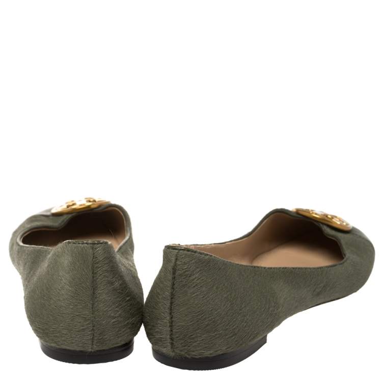 Pre Owned Tory Burch Green Calfhair and Leather Benton Ballet Flats Size 37