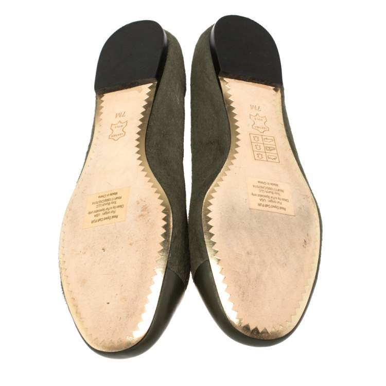 Pre Owned Tory Burch Green Calfhair and Leather Benton Ballet Flats Size 37