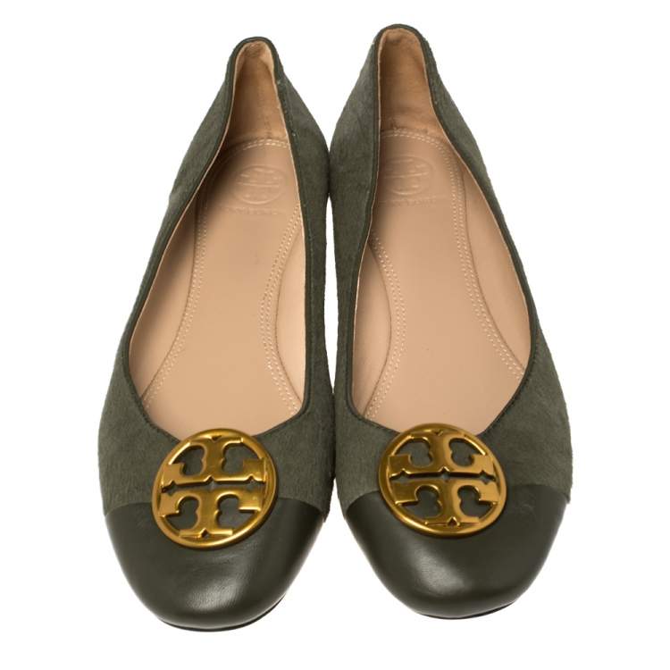Pre Owned Tory Burch Green Calfhair and Leather Benton Ballet Flats Size 37